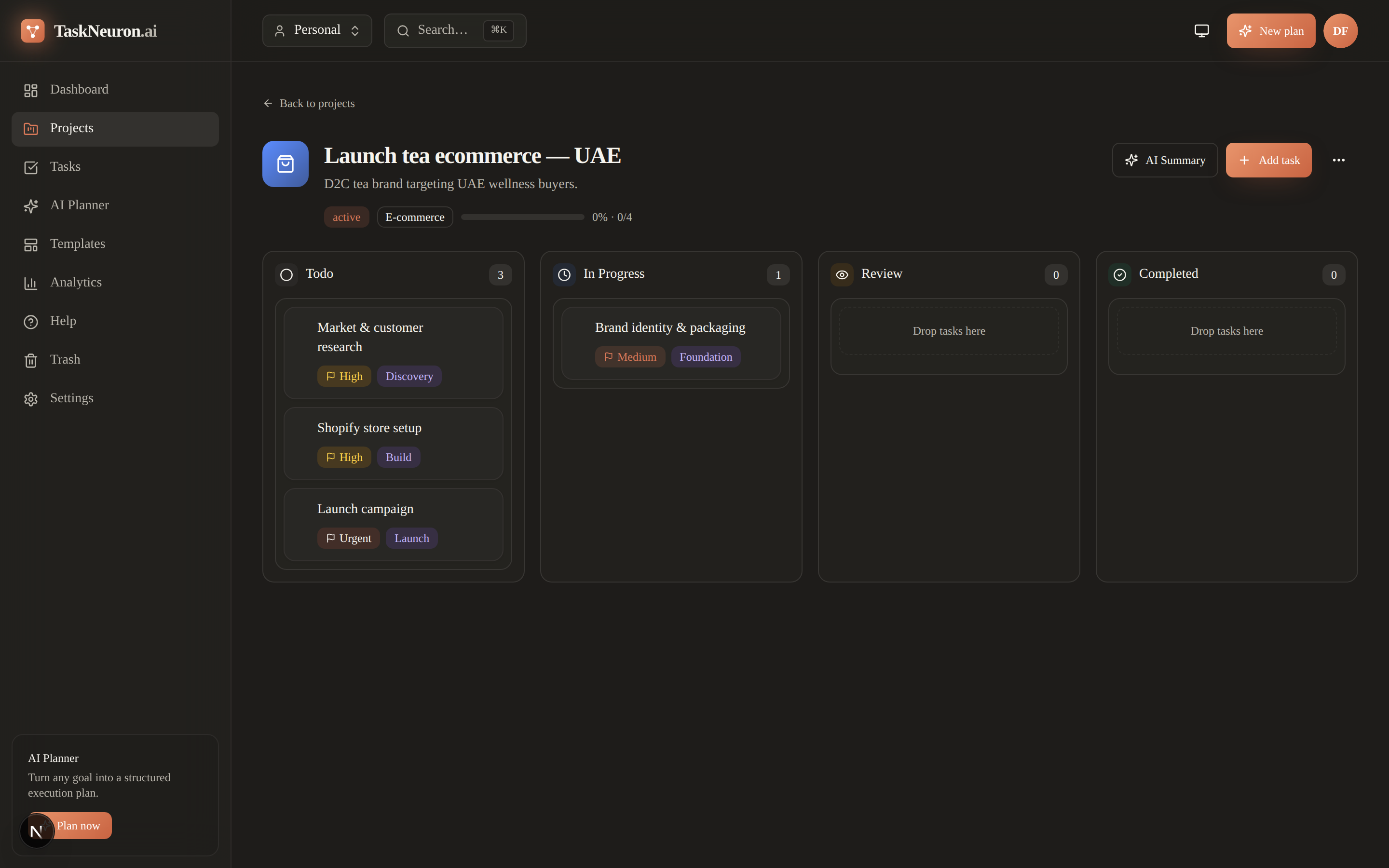 Kanban task board with todo, in progress, review, and completed columns